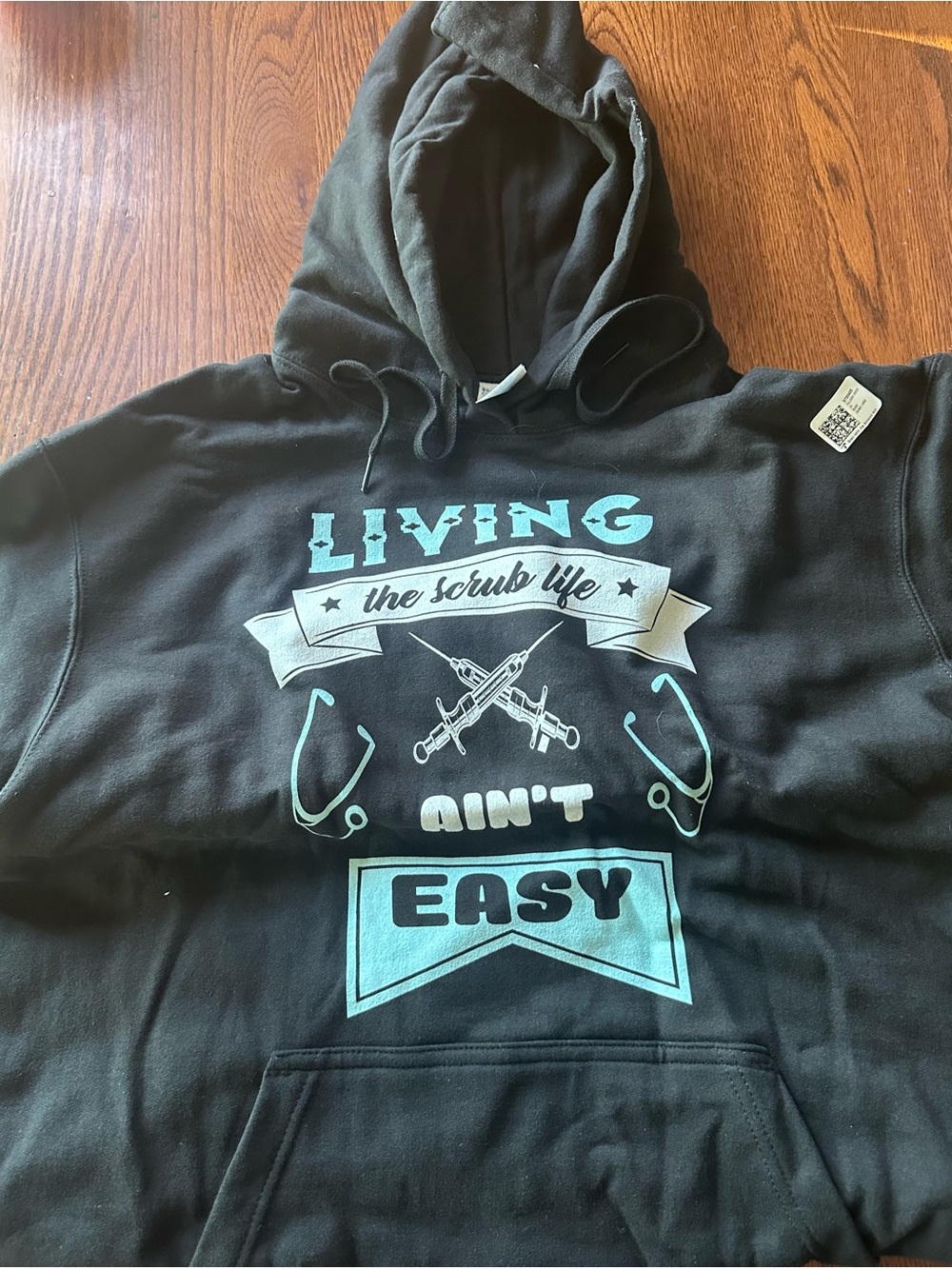 Port and Company Black Scrub Hoodie with Teal and White Screenprint